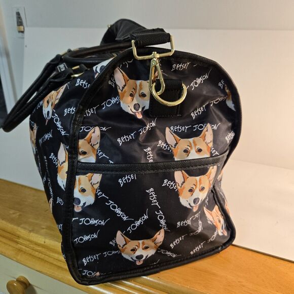 Betsy Johnson Black Weekender Duffle Corgi Print Bag w Adjustable Shoulder Strap - Picture 4 of 11